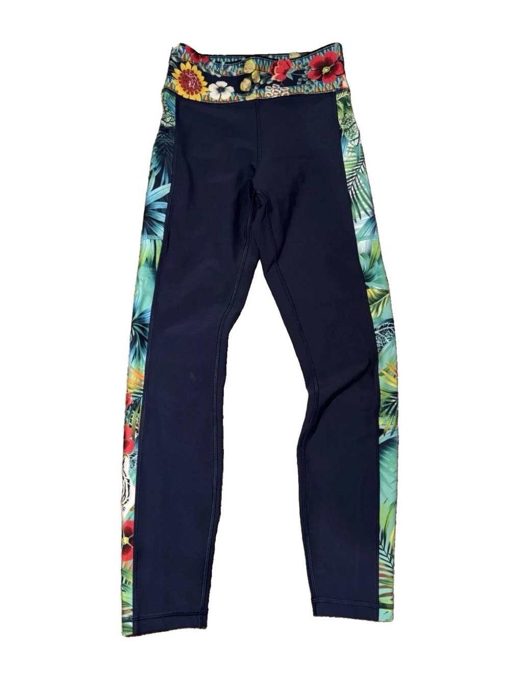 Johnny Was Navy Floral & Geometric Trim Leggings